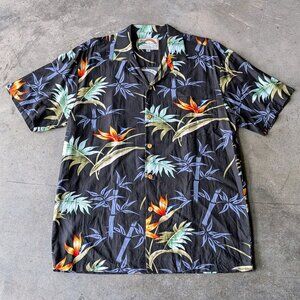 Vintage Paradise Found Men's Black Bamboo Floral Button Front Shirt medium